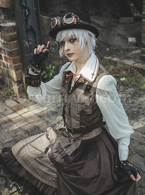 Classic British Style Plaid Trim Metal Buckle Pocket Decoration Lapel Classic Lolita Sleeveless Vest coscarnival