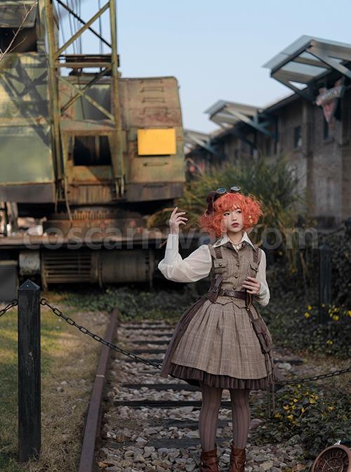 Classic British Style Plaid Trim Metal Buckle Pocket Decoration Lapel Classic Lolita Sleeveless Vest coscarnival