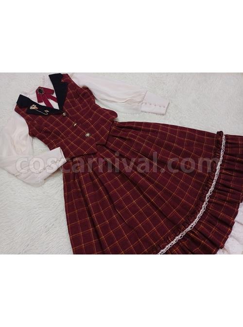 Classic Campus Plaid Design Handsome Black Lapel Metal Button Decoration Lolita Vest coscarnival