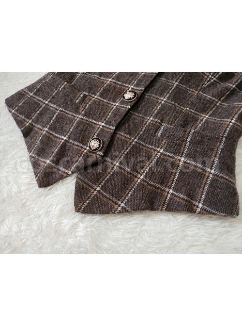 Classic Campus Plaid Design Handsome Black Lapel Metal Button Decoration Lolita Vest coscarnival
