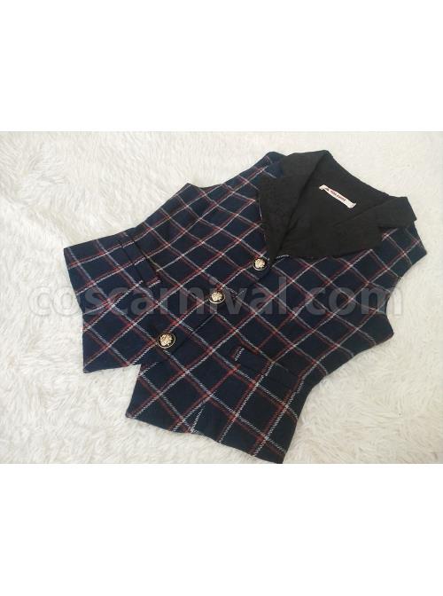 Classic Campus Plaid Design Handsome Black Lapel Metal Button Decoration Lolita Vest coscarnival