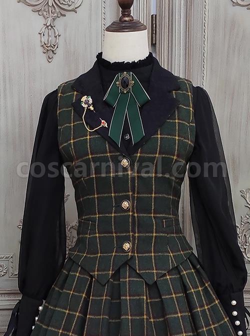 Classic Campus Plaid Design Handsome Black Lapel Metal Button Decoration Lolita Vest coscarnival