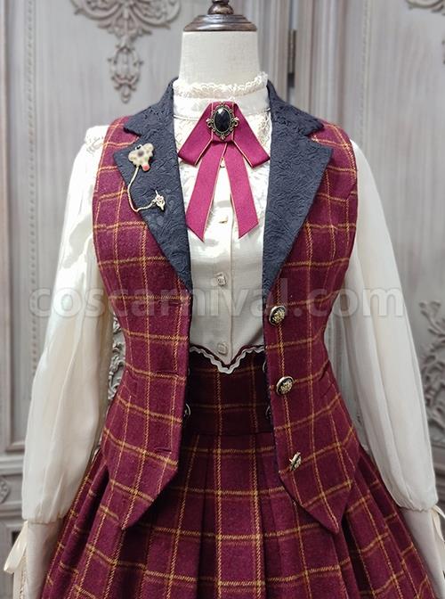 Classic Campus Plaid Design Handsome Black Lapel Metal Button Decoration Lolita Vest coscarnival