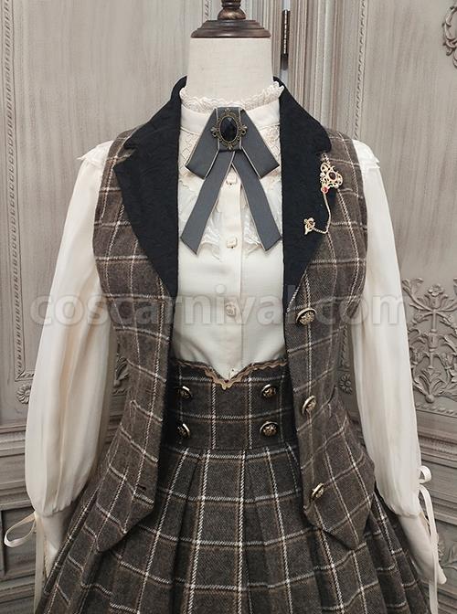 Classic Campus Plaid Design Handsome Black Lapel Metal Button Decoration Lolita Vest coscarnival