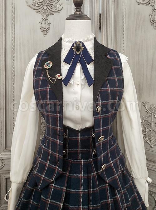 Classic Campus Plaid Design Handsome Black Lapel Metal Button Decoration Lolita Vest coscarnival
