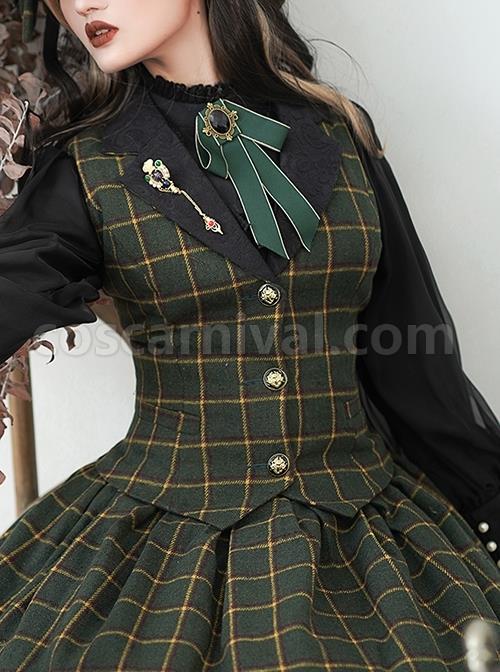 Classic Campus Plaid Design Handsome Black Lapel Metal Button Decoration Lolita Vest coscarnival