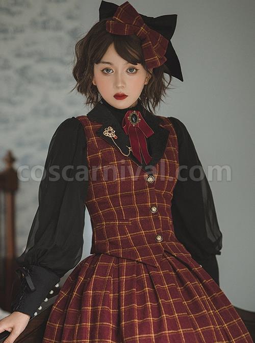 Classic Campus Plaid Design Handsome Black Lapel Metal Button Decoration Lolita Vest coscarnival