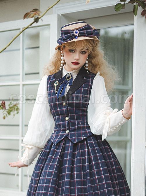 Classic Campus Plaid Design Handsome Black Lapel Metal Button Decoration Lolita Vest coscarnival