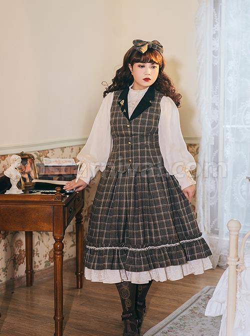 Classic Campus Plaid Design Handsome Black Lapel Metal Button Decoration Lolita Vest coscarnival