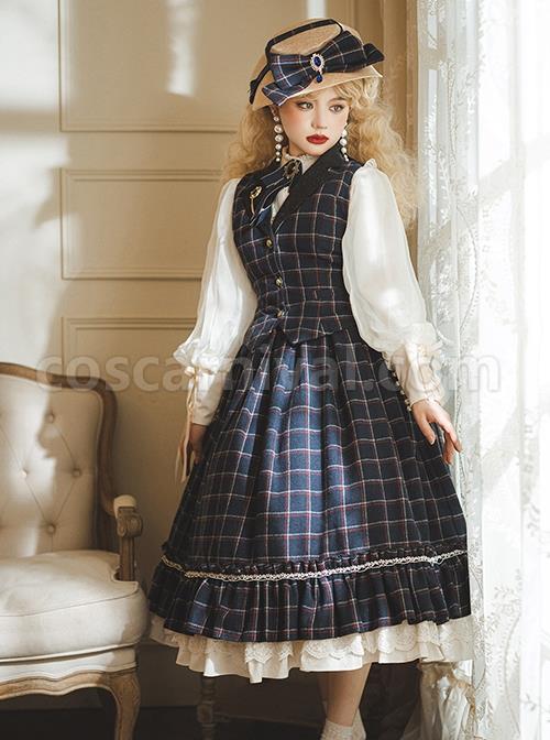 Classic Campus Plaid Design Handsome Black Lapel Metal Button Decoration Lolita Vest coscarnival
