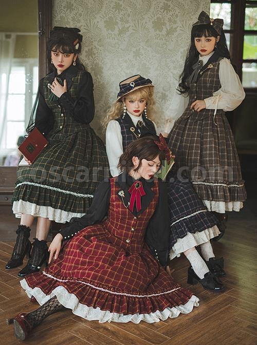 Classic Campus Plaid Design Handsome Black Lapel Metal Button Decoration Lolita Vest coscarnival