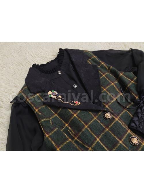 Classic Campus Plaid Design Handsome Black Lapel Metal Button Decoration Lolita Vest coscarnival