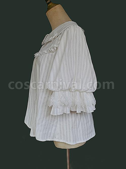 Classic Lolita Cotton Vertical Stripes Pleated Lace Trim Doll Neckline Bow Knot Decoration Flared Sleeve Blouse coscarnival