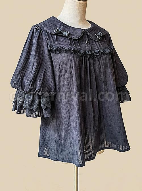 Classic Lolita Cotton Vertical Stripes Pleated Lace Trim Doll Neckline Bow Knot Decoration Flared Sleeve Blouse coscarnival