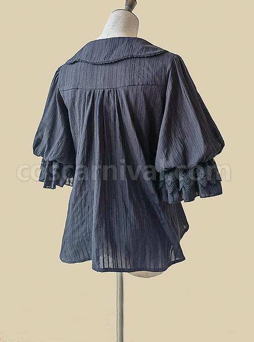 Classic Lolita Cotton Vertical Stripes Pleated Lace Trim Doll Neckline Bow Knot Decoration Flared Sleeve Blouse coscarnival