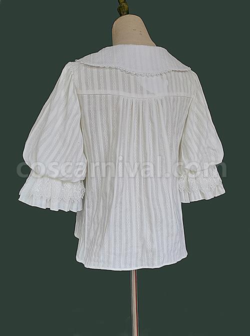 Classic Lolita Cotton Vertical Stripes Pleated Lace Trim Doll Neckline Bow Knot Decoration Flared Sleeve Blouse coscarnival