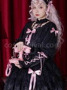 Classic-Lolita-Dark-Jacquard-Design-Crinkled-Pink-Tie-Bow-Trim-Cute-Girl-Puff-Sleeves-Dress-coscarnival-1748