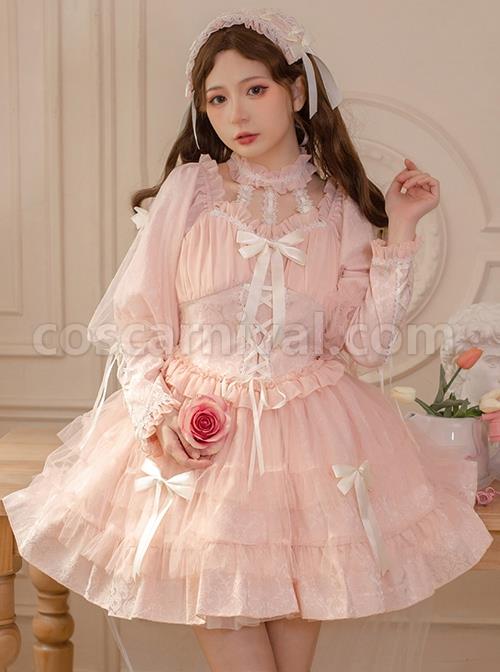 Classic-Lolita-Dark-Jacquard-Design-Crinkled-Pink-Tie-Bow-Trim-Cute-Girl-Puff-Sleeves-Dress-coscarnival-1757