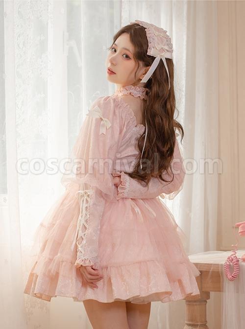 Classic-Lolita-Dark-Jacquard-Design-Crinkled-Pink-Tie-Bow-Trim-Cute-Girl-Puff-Sleeves-Dress-coscarnival-1764