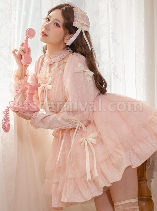 Classic-Lolita-Dark-Jacquard-Design-Crinkled-Pink-Tie-Bow-Trim-Cute-Girl-Puff-Sleeves-Dress-coscarnival-1770