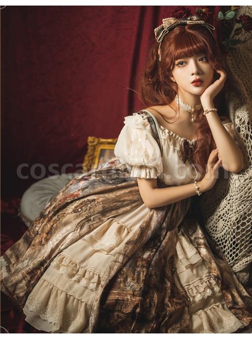 Classic-Lolita-JSK-Jacquard-White-Lace-Pleated-Court-Vintage-Oil-Painting-Drawstring-Metal-Buttons-Sling-Dress-coscarnival-1755