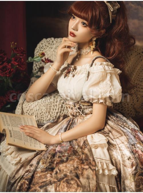 Classic-Lolita-JSK-Jacquard-White-Lace-Pleated-Court-Vintage-Oil-Painting-Drawstring-Metal-Buttons-Sling-Dress-coscarnival-1762