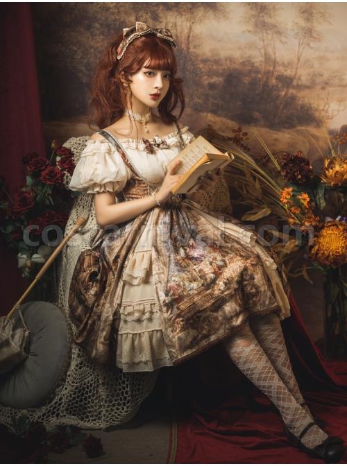Classic-Lolita-JSK-Jacquard-White-Lace-Pleated-Court-Vintage-Oil-Painting-Drawstring-Metal-Buttons-Sling-Dress-coscarnival-1768