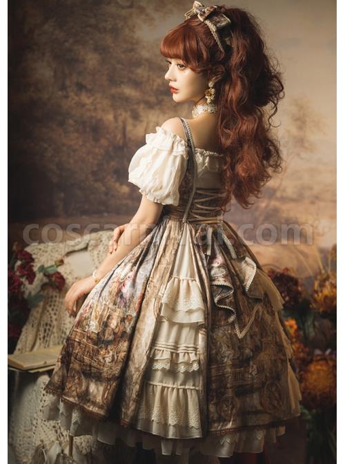 Classic-Lolita-JSK-Jacquard-White-Lace-Pleated-Court-Vintage-Oil-Painting-Drawstring-Metal-Buttons-Sling-Dress-coscarnival-1773