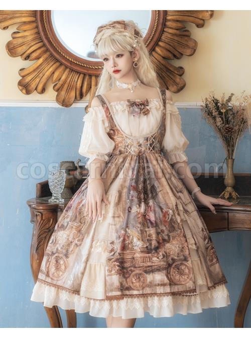 Classic-Lolita-JSK-Jacquard-White-Lace-Pleated-Court-Vintage-Oil-Painting-Drawstring-Metal-Buttons-Sling-Dress-coscarnival-1779