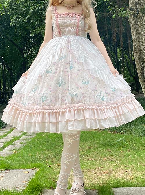 Classic-Lolita-Lily-Of-The-Valley-Flower-Print-Decoration-Ruched-Ruffled-Hem-Lace-Bow-Knot-Slip-Dress-coscarnival-1743