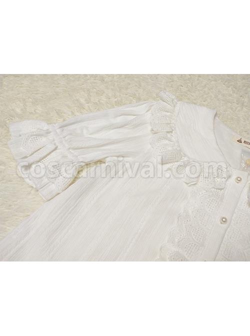 Classic Lolita Pleated Hollow-Out Ruffles Design Doll Neckline Decoration Detachable Sleeves Daily Shirt coscarnival