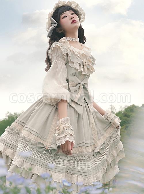 Classic-Lolita-Pleated-Ruffle-Design-Solid-Color-Hollow-Bow-Knots-Decoration-Hem-Short-Sleeve-Dress-coscarnival-3154