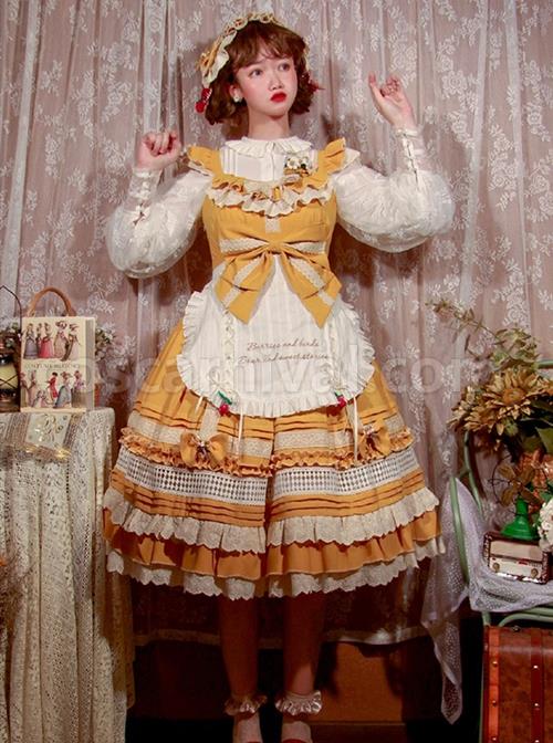 Classic-Lolita-Pleated-Ruffle-Design-Solid-Color-Hollow-Bow-Knots-Decoration-Hem-Short-Sleeve-Dress-coscarnival-3162