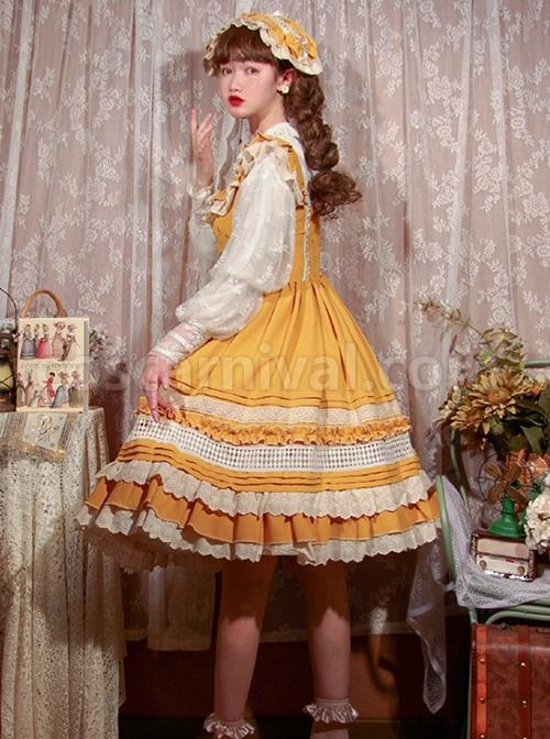 Classic-Lolita-Pleated-Ruffle-Design-Solid-Color-Hollow-Bow-Knots-Decoration-Hem-Short-Sleeve-Dress-coscarnival-3170