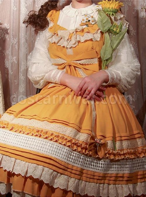 Classic-Lolita-Pleated-Ruffle-Design-Solid-Color-Hollow-Bow-Knots-Decoration-Hem-Short-Sleeve-Dress-coscarnival-3180