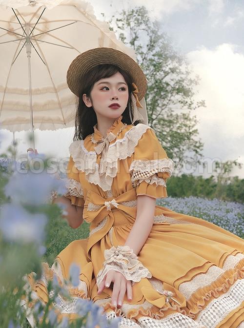 Classic-Lolita-Pleated-Ruffle-Design-Solid-Color-Hollow-Bow-Knots-Decoration-Hem-Short-Sleeve-Dress-coscarnival-3195