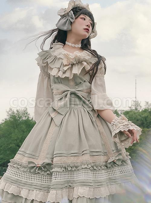 Classic-Lolita-Pleated-Ruffle-Design-Solid-Color-Hollow-Bow-Knots-Decoration-Hem-Short-Sleeve-Dress-coscarnival-3207