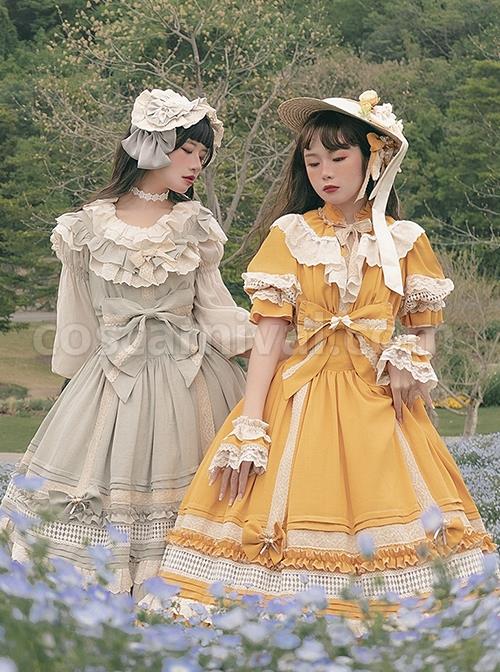 Classic-Lolita-Pleated-Ruffle-Design-Solid-Color-Hollow-Bow-Knots-Decoration-Hem-Short-Sleeve-Dress-coscarnival-3211