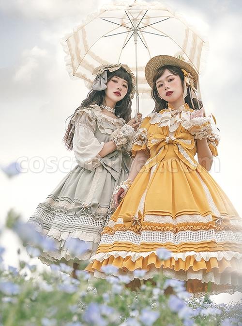 Classic-Lolita-Pleated-Ruffle-Design-Solid-Color-Hollow-Bow-Knots-Decoration-Hem-Short-Sleeve-Dress-coscarnival-3219