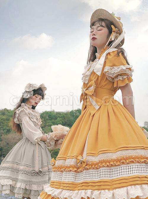 Classic-Lolita-Pleated-Ruffle-Design-Solid-Color-Hollow-Bow-Knots-Decoration-Hem-Short-Sleeve-Dress-coscarnival-3222