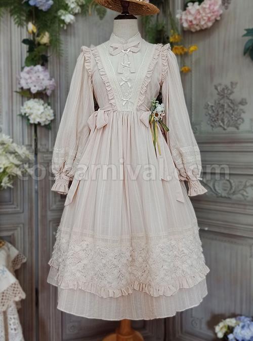 Classic-Lolita-Simple-Jacquard-Lace-Embroidery-Pleated-Ruffle-Pure-Cotton-Bow-Brooch-Decoration-Long-Sleeves-Dress-coscarnival-3129