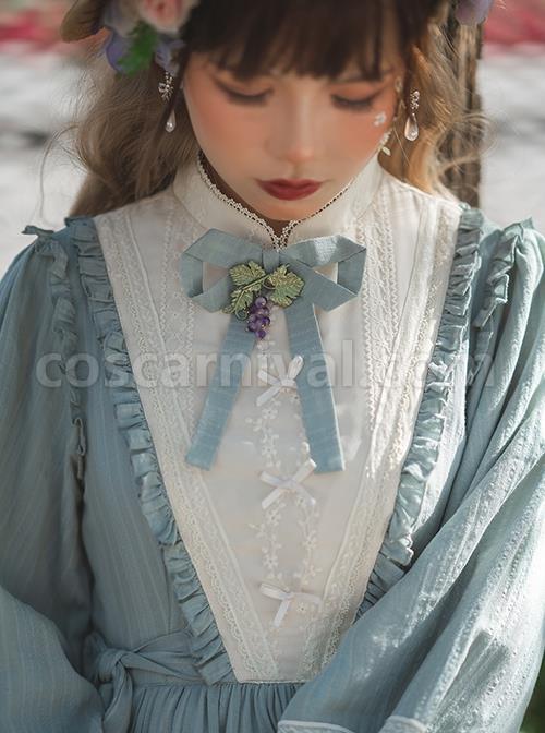 Classic-Lolita-Simple-Jacquard-Lace-Embroidery-Pleated-Ruffle-Pure-Cotton-Bow-Brooch-Decoration-Long-Sleeves-Dress-coscarnival-3135