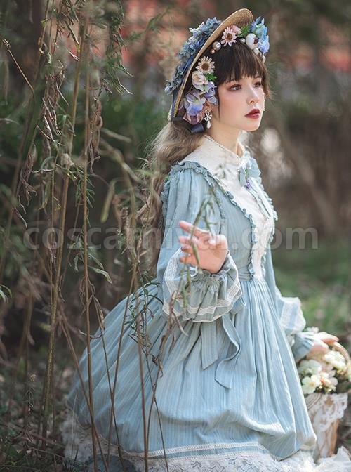 Classic-Lolita-Simple-Jacquard-Lace-Embroidery-Pleated-Ruffle-Pure-Cotton-Bow-Brooch-Decoration-Long-Sleeves-Dress-coscarnival-3144