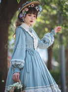 Classic-Lolita-Simple-Jacquard-Lace-Embroidery-Pleated-Ruffle-Pure-Cotton-Bow-Brooch-Decoration-Long-Sleeves-Dress-coscarnival-3150