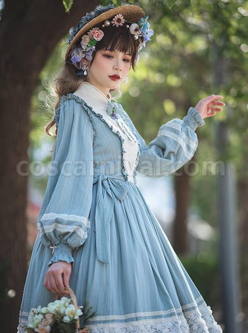 Classic-Lolita-Simple-Jacquard-Lace-Embroidery-Pleated-Ruffle-Pure-Cotton-Bow-Brooch-Decoration-Long-Sleeves-Dress-coscarnival-3150