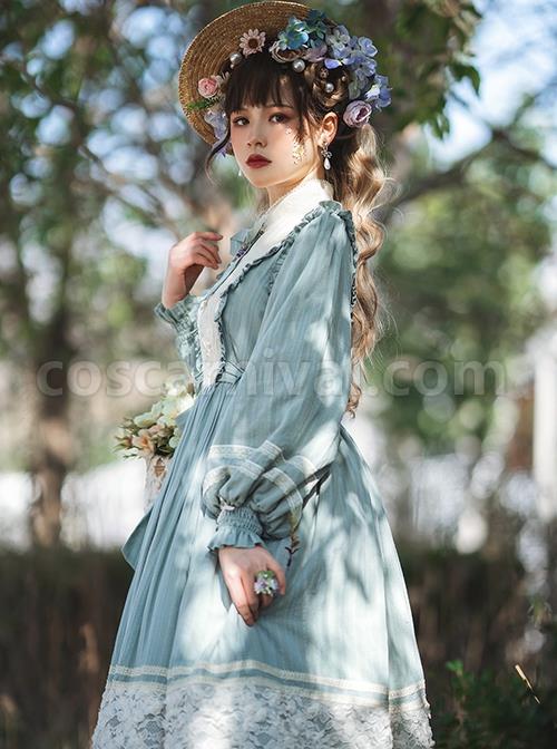 Classic-Lolita-Simple-Jacquard-Lace-Embroidery-Pleated-Ruffle-Pure-Cotton-Bow-Brooch-Decoration-Long-Sleeves-Dress-coscarnival-3157