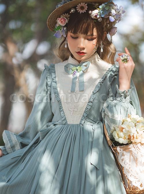 Classic-Lolita-Simple-Jacquard-Lace-Embroidery-Pleated-Ruffle-Pure-Cotton-Bow-Brooch-Decoration-Long-Sleeves-Dress-coscarnival-3165