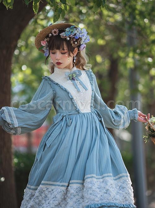 Classic-Lolita-Simple-Jacquard-Lace-Embroidery-Pleated-Ruffle-Pure-Cotton-Bow-Brooch-Decoration-Long-Sleeves-Dress-coscarnival-3179
