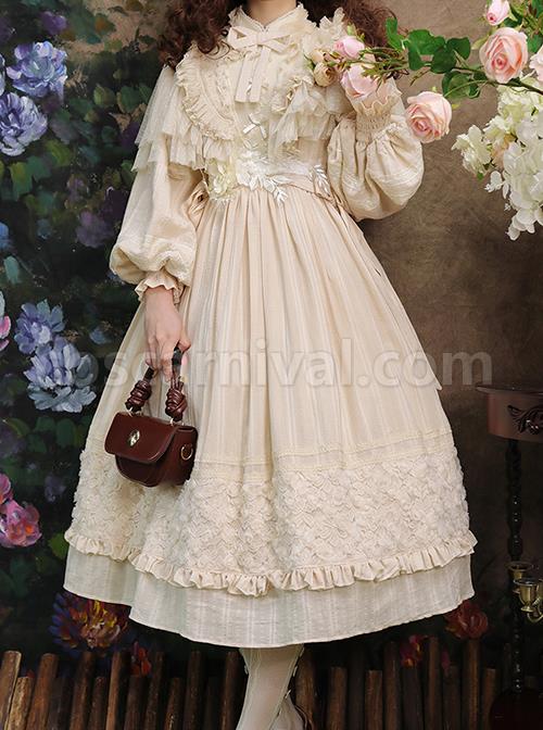 Classic-Lolita-Simple-Jacquard-Lace-Embroidery-Pleated-Ruffle-Pure-Cotton-Bow-Brooch-Decoration-Long-Sleeves-Dress-coscarnival-3185