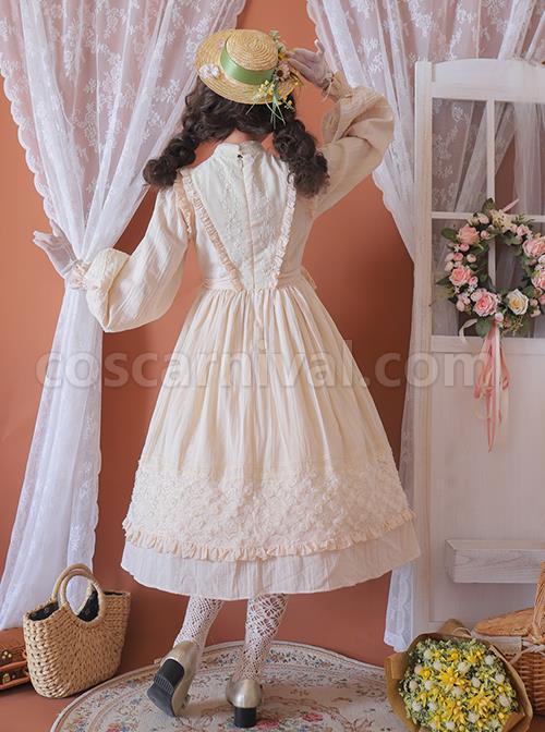 Classic-Lolita-Simple-Jacquard-Lace-Embroidery-Pleated-Ruffle-Pure-Cotton-Bow-Brooch-Decoration-Long-Sleeves-Dress-coscarnival-3192